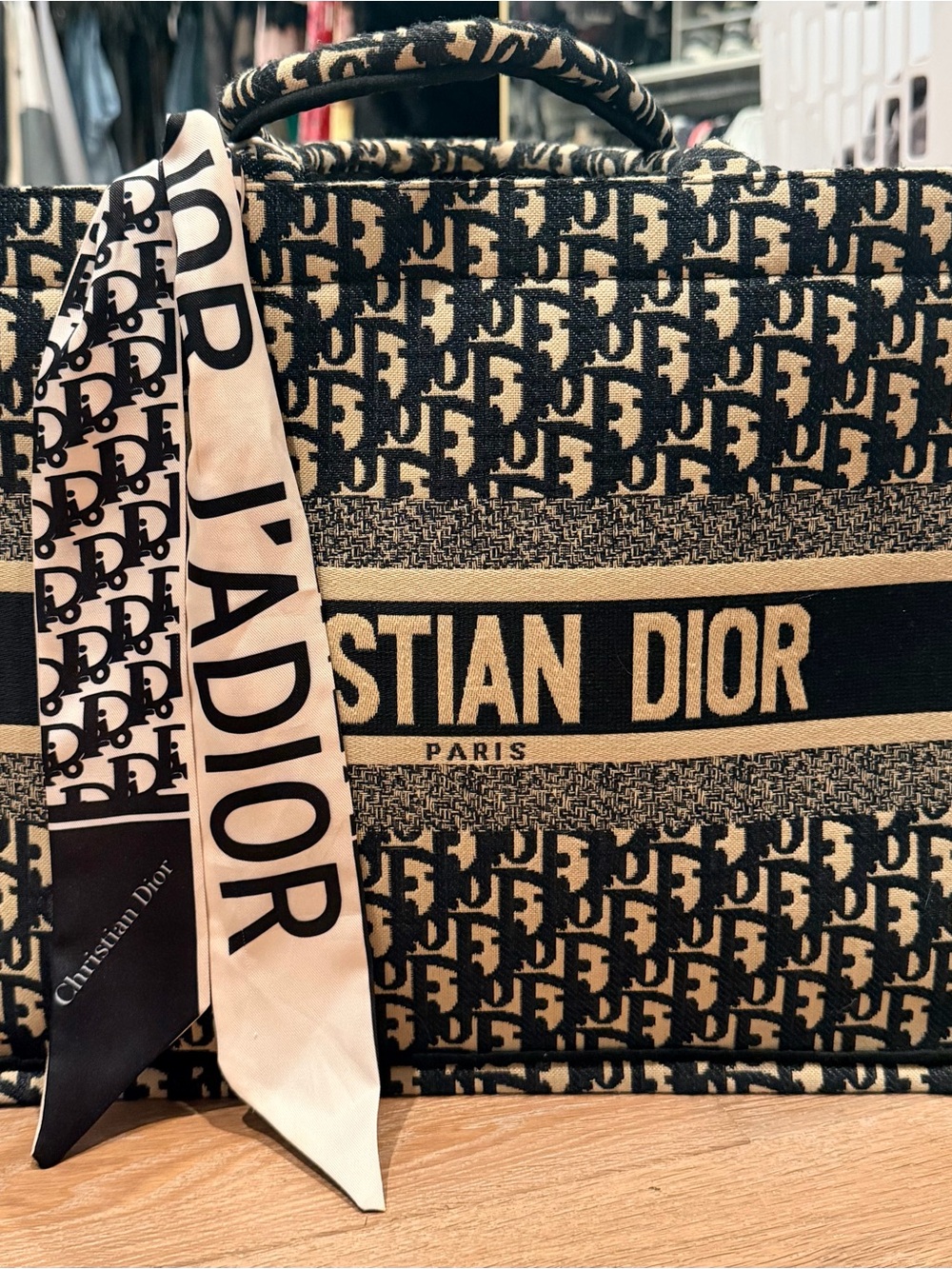 Dior Oblique Jacquard Tote in Black & Cream - Picture 2 of 7